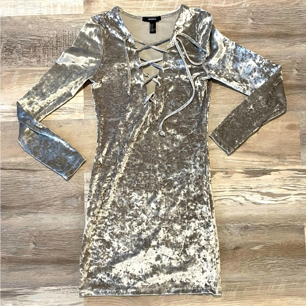 Silver Velvet Mini Dress Lace Up Small Y2K Forever21 Party Dress Long Sleeve